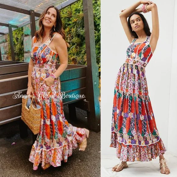 RARE NWT ANTHROPOLOGIE BHANUNI By JYOTI Square Neck Bohemian Maxi Dress. - Picture 1 of 16
